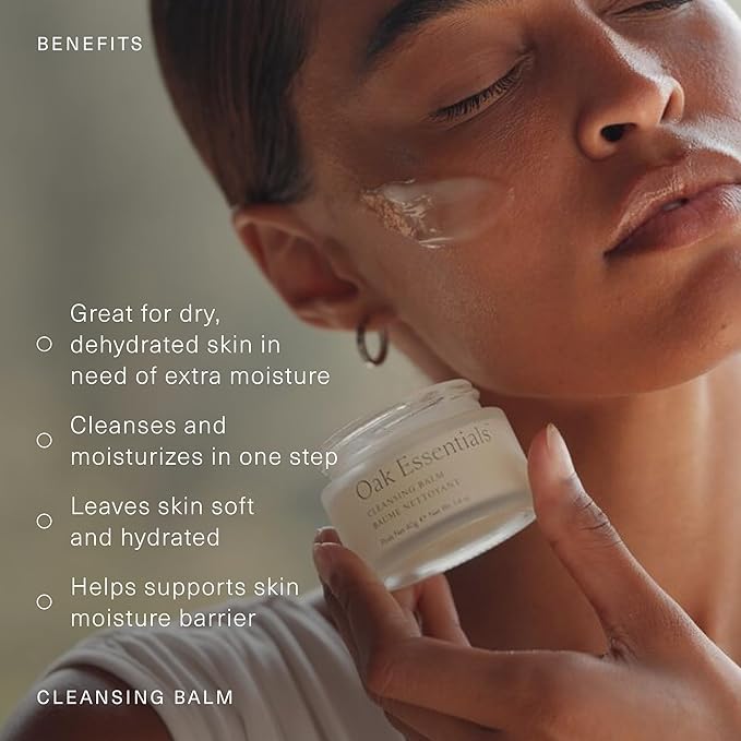 Oak Essentials Cleansing Balm, Balm-to-Oil Makeup Remover with Avocado, Organic Sesame, and Safflower Seed Oils, Gentle Hydrating Face Cleanser, 1.4 Oz