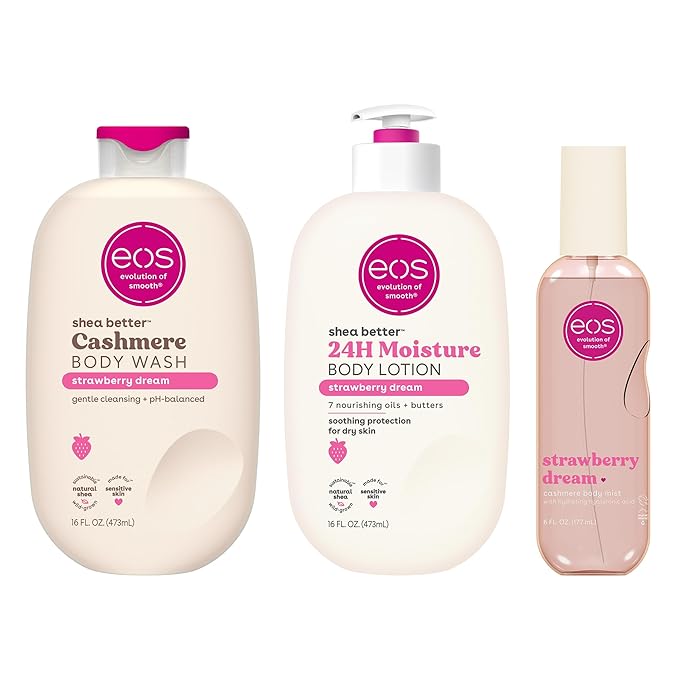 eos Strawberry Dream Scent Layering Bundle - Body Wash, Body Mist, Body Lotion