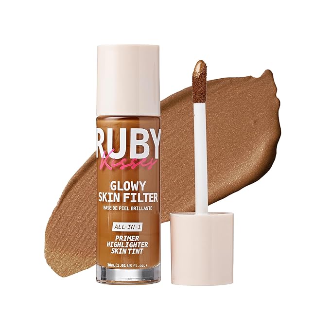 Ruby Kisses Glowy Skin Filter Foundation - All-in-1 Primer, Skin Tint & Highlighter, Hydrating Light Coverage with Squalane, Natural Dewy Finish, Luminous & Radiant Glow (Golden Rich)