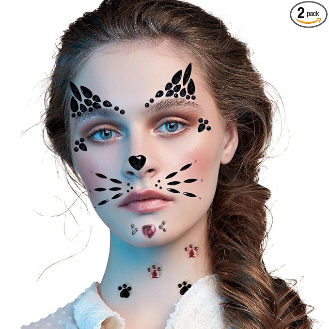 Crystal Cat Face Gems, Pink Cat Print Jewels, Black Face Jewels, Fake Cat Lash Gems Tattoo Stick on Eye for Men Women Kids Halloween Prank Makeup Costume