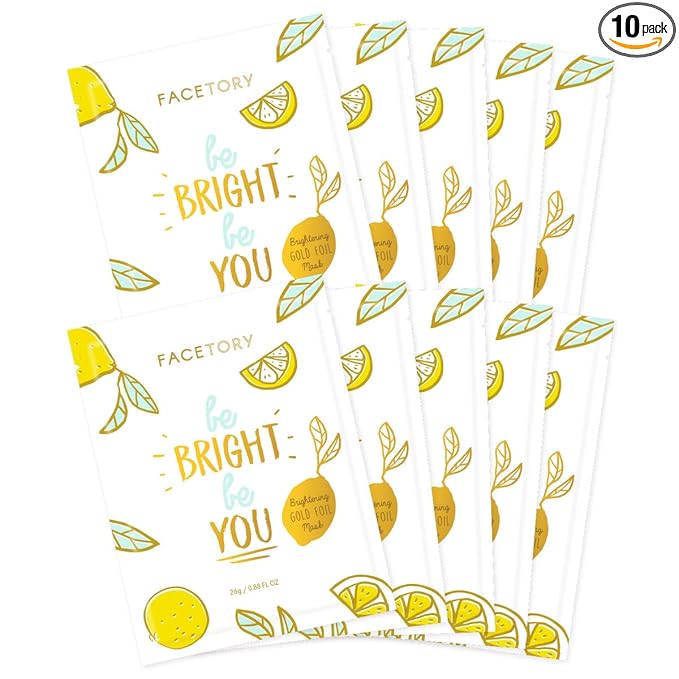 FACETORY K Beauty Face Mask Skin Care - BE BRIGHT BE YOU BRIGHTENING Sheet Mask with Gold Foil & Lemon Fruit | Glowing Gold Brightening Face Mask (10 Pack)