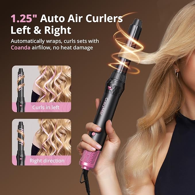 Crazymar airwrap Hair Styler, Fast Drying Blow Dryer & Curling StylingTool, Hot Air Styler No Heat Damage, Hot Air Styler Wrap for Curling Volumizing Straightening Styling (Black and Pink)