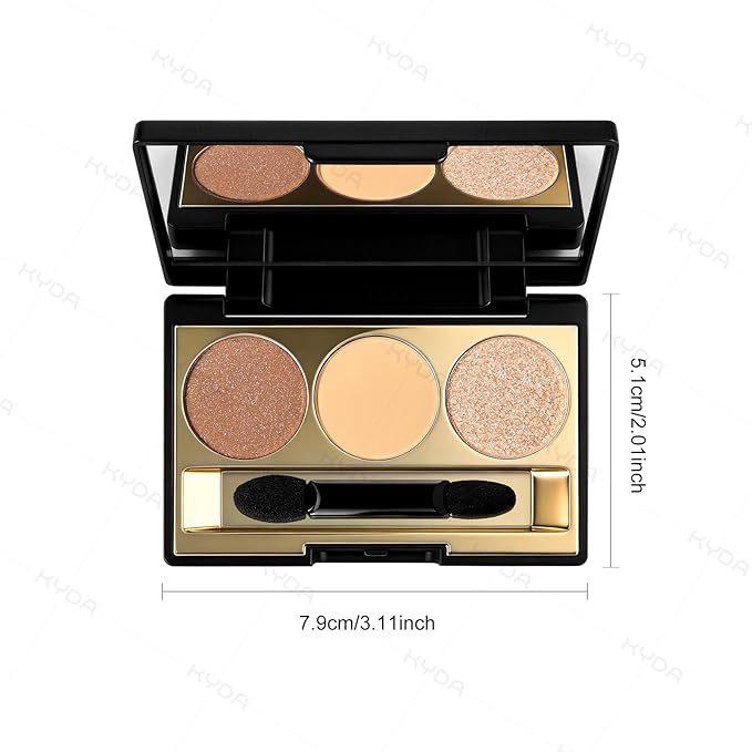 KYDA 3 Colors Eyeshadow Plaette, Glitter Champagne Golden Brown Eyeshadow, Nude Beige Peach Creamy Eyes Shadow, Lasting High Pigmented Warm Tone Eye Shadow, Mini Eyes Glitter Pallet for All Skin