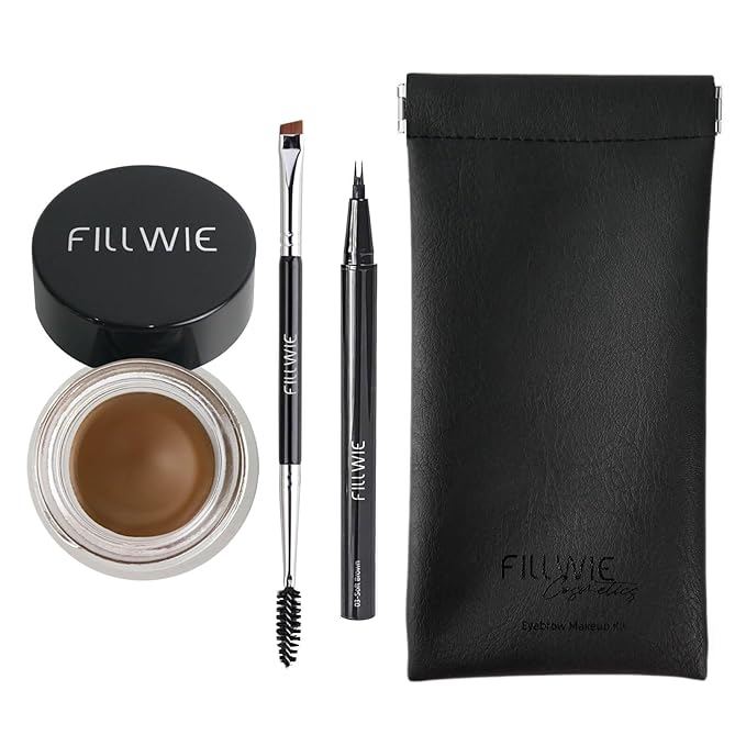 Eyebrow Pomade Stamp, Microblading 2 Tip Liquid Eyebrow Pen, Eye brow Kit with Angled Spoolie Brush and PU Pouch for Travel (Soft Brown)