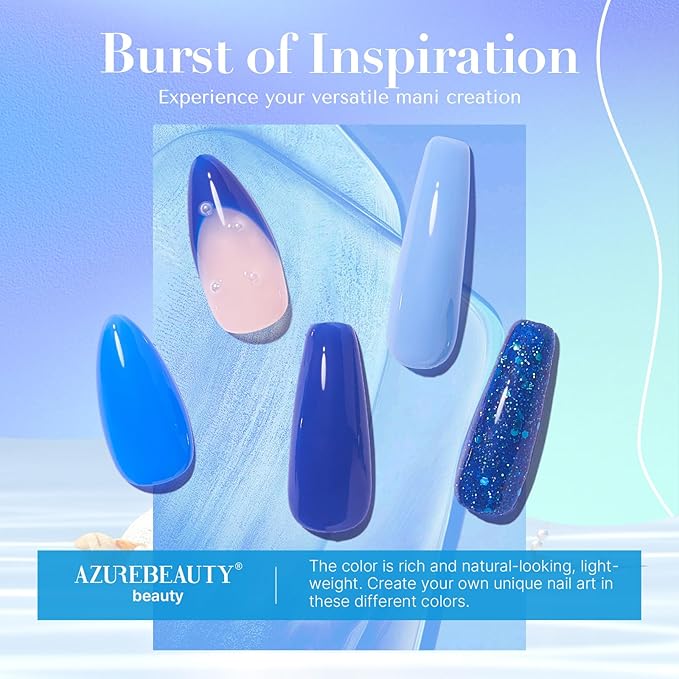 AZUREBEAUTY Dip Powder, Sky Blue Glitter 6 Colors Dipping Powder Starter Kit French Nail Art Manicure DIY Salon for Women, No Need Nail Lamp Cured