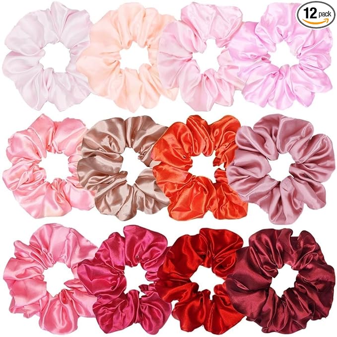 Sufermoe 12 Pcs Satin Silk Hair Scrunchies, Assorted Red, 4.5 Inch Hair Ties for Women Girls