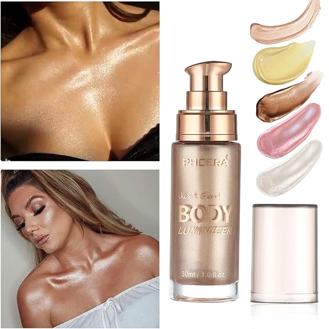 Body Shimmer Oil, Rose Gold Natural Glow Luminizer, Long Lasting Moisturizing Liquid Illuminator Highlighter Makeup for a Sun-Kissed Glow, Brush Include, 1oz, Light Medium