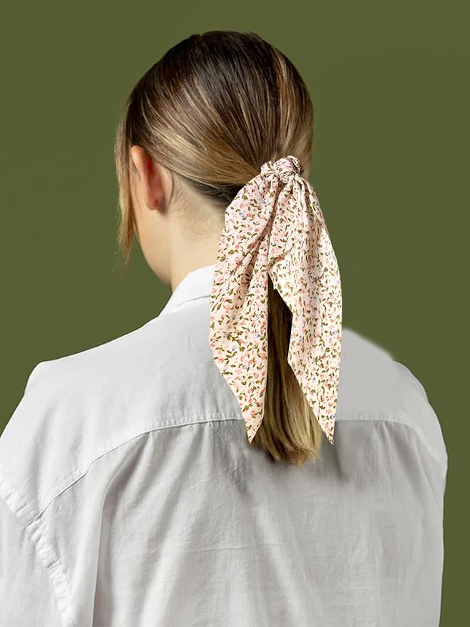 3pcs Women Ribbon Scrunchies Bow Knotted Classic Floral Pattern Hair Ties Vintage Bunny Ear Ponytail Holders Hair Accessories