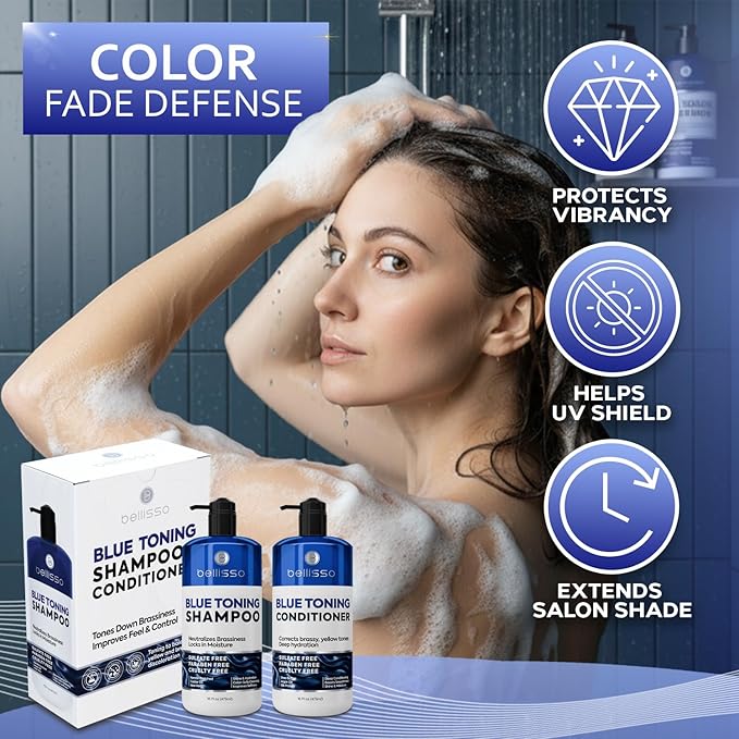 Blue Shampoo and Conditioner Set - Sulfate Free and Paraben Free - Neutralizing Toner to Correct Orange, Brassy Hair Back to Brunette - Professional Formula - For Women and Men - 16 Fl Oz (Set of 2)