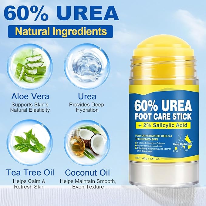 60% Urea Cream Stick for Feet with 2% Salicylic Acid, Maximum Strength Foot Cream for Dry Cracked Heels, Callus Remover for Feet, Hands, Knees & Elbows, Fast Absorbing Foot Balm 1.41oz (2 Pack)