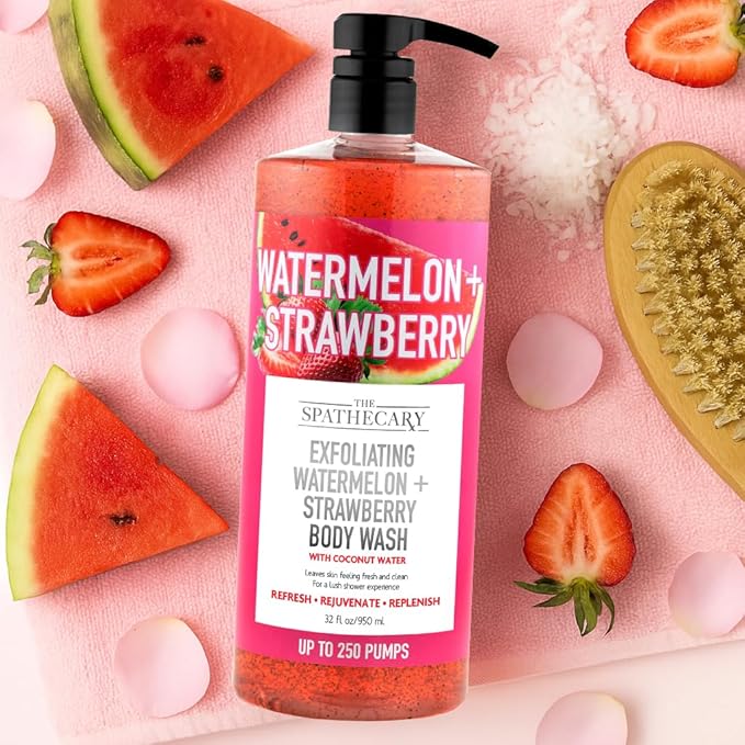 Exfoliating Body Wash – Watermelon & Strawberry with Coconut, Nourishing Body Scrub for Smooth Skin, Hydrating & Rejuvenating Shower Gel, For Women & Men, Cruelty-Free, 32 oz