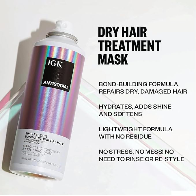 IGK Hair Treatment Travel Size Set | Antisocial Dry Hair Mask + Good Behavior Spirulina Spray | Overnight Bond-Building + Keratin Like Smoothing Spray | Vegan + Cruelty-Free | Set of 2
