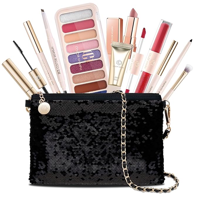 Color Nymph Makeup Kit for Women, Girls Beginner All In One Makeup Set with Sequin Bag, 9-Color Eyeshadow Palette, Lip Gloss, Eyeliner, Mascara - Orange Blue, Sparkling Party Wedding Evening Bag