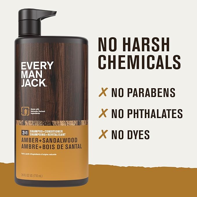 Every Man Jack 2-in-1 Shampoo + Conditioner for Men - Amber + Sandalwood | Nourishing For All Hair Types, Naturally Derived, Cruelty-Free | Cleanse + Moisturize | 24oz -1 Bottle