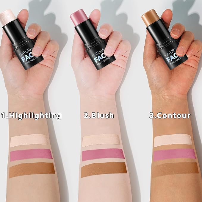 3Pcs Cream Contour Stick Makeup Kit, Shades with Highlighter, Blush and Bronzer Contour Stick for Sculpt the Cheeks, Long Lasting, Waterproof, Matte & Dewy Finish (F)