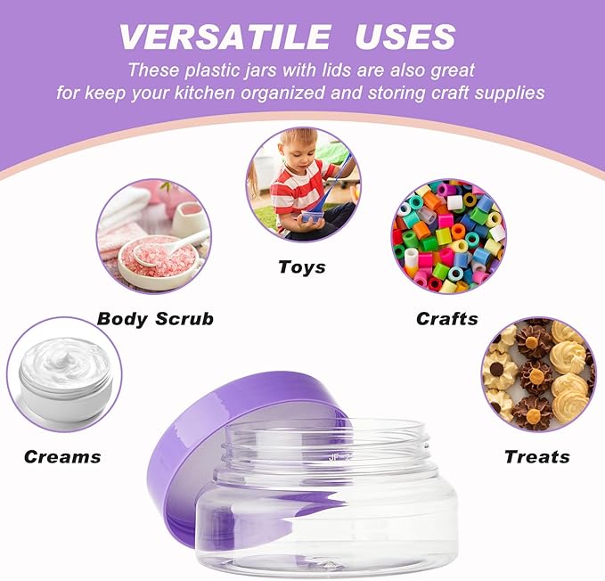 Tessco for you 24 Pack Plastic Jars with Lids Labels Multiuse Slime Containers Empty Body Scrub Jars Round Refillable Cosmetic Body Butter Container for Makeup (5 oz,Clear,Purple)