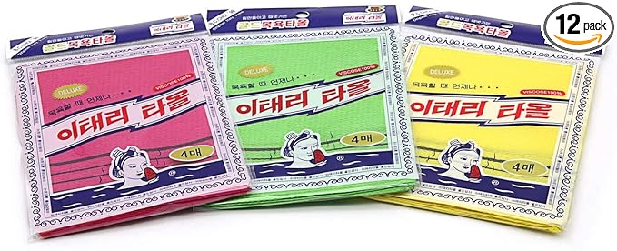 GOLDSANGSA-Korean Exfoliating Towel Washcloth Mitts 12pcs(Green4,Red4,Yellow4)/Korean Italy Towel Skincare Exfoliating Scrub Bath Cloth Remove Dead Skin