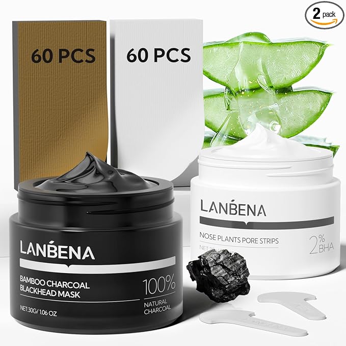 LANBENA 2-Pack Pore Strips: 2% Salicylic Acid BHA Nose Strips + Bamboo Charcoal Blackhead Peel-Off Mask | Deep Cleansing, Purifying Pore Treatment for Blackhead & Oil Removal