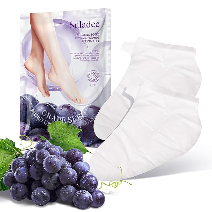SULADEC Moisturizing Foot Mask with Grape Seed Oil and Shea Butter, Hydrating Foot Masks for Dry Cracked Feet, Dry Skin Moisturizer for Soft and Smooth Touch Feet - Men Women - 7 Pairs