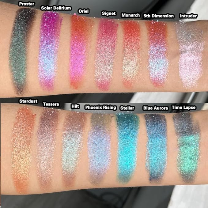 Chameleon Eyeshadow Collection, 14 Shades, Glitter Pressed Powder, Iridescent Shimmer Colors. (Stellar)