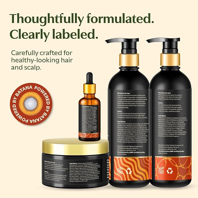 Batana Oil Shampoo and Conditioner Set (16 fl oz / 470 ml) with Rosemary & Caffeine | Includes Deep Mask, Hair Oil & Silicone Scalp Massager | Sulfate-Free, Paraben-Free for Fuller-Looking Hair.