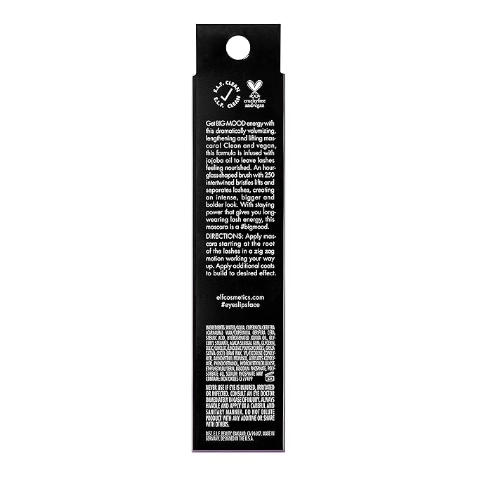 e.l.f. Big Mood Mascara, Instantly Creates Long-Lasting, Bold & Lifted, Voluminous Lashes, Infused with Jojoba Wax, Black, 0.30 fl Oz