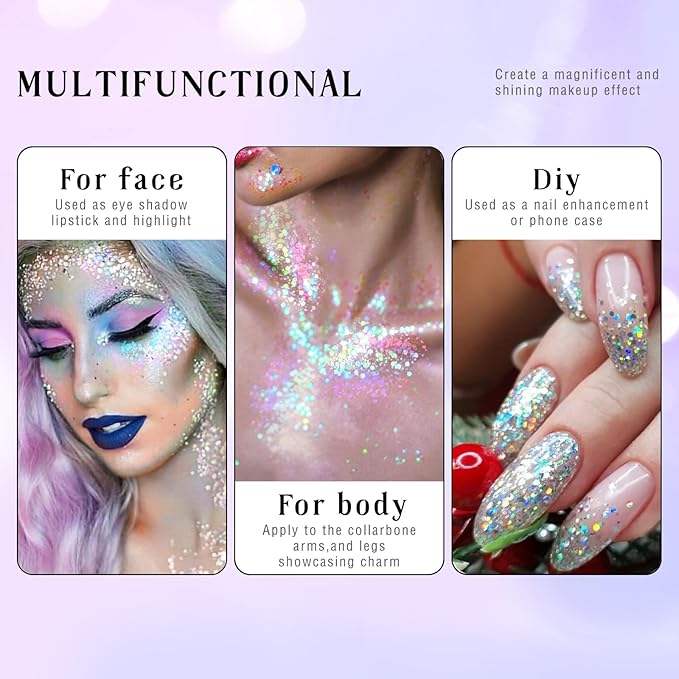 HOSAILY Roll-on Holographic Body Glitter Gel for Face Hair, Chameleon Color Changing Glitter Gel Under Light, Chunky Mermaid Sequins Festival Party Rave Accessories Shimmer Makeup (Sparkling Blue)