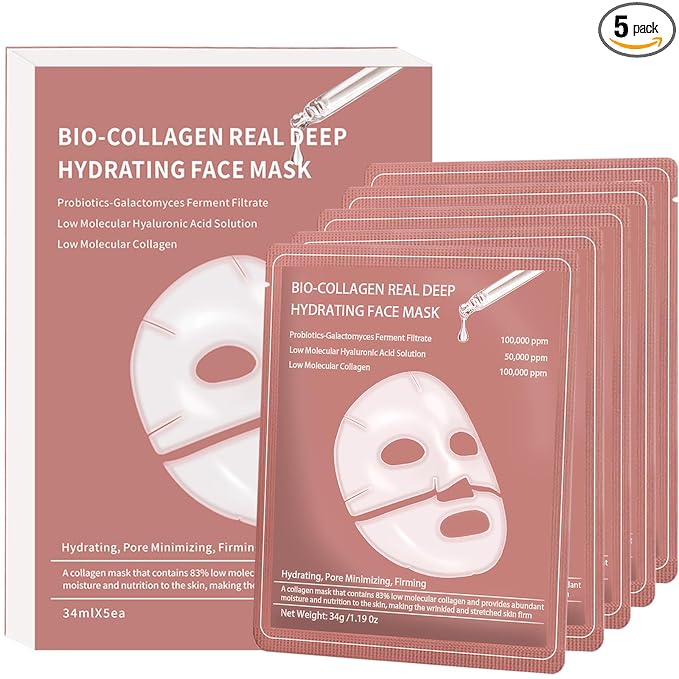 5 Pack Bio-Collagen Face Mask, Collagen Face Mask Overnight, Hydrating Hydrogel Facial, Deeply Hydrates, Minimizes Pores, And Enhances Elasticity