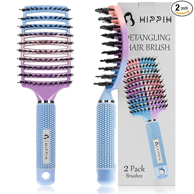 Boar Bristle Hair Brush Set of 2, HIPPIH Wet & Dry Hair Brushes Made by Fine Natural Boar Hair Can Adds Shine and Smoothing, Detangling Hairbrush for Women, Men & Kids' Long Curly Thick Hair