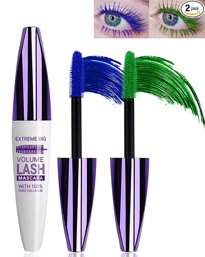 5D Blue Green Colored Mascara for Eyelashes-2 Colors Longlasting Waterproof Mascara Volume and Length,Curling Fiber rimel de pestañas,Christmas Makeup Gift for Women Girl Cosplay Party Stage Use