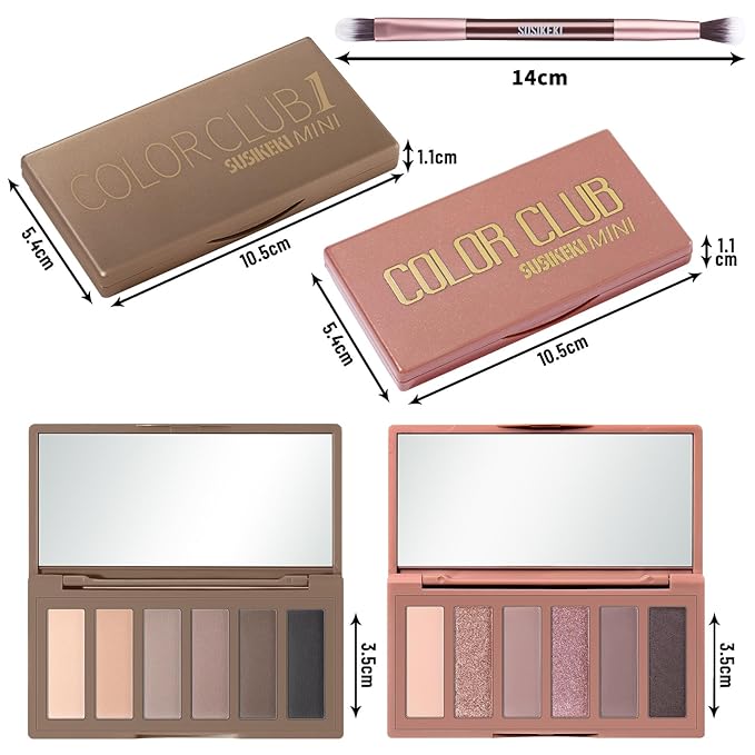 SUSIKEKI 2PCS Neutral Nude Matte Shimmer Eyeshadow Palette - 6 Colors Mini Travel Size, Highly Pigmented Brown & Pink Eye shadow, Long Lasting Vegan Makeup Palette with Brush Set for Daily Use