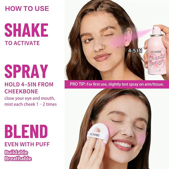 UCANBE Blush Spray with Puff, Hydrating Liquid Blush Mist for Cheeks - Soft Pigmented Buildable Blendable Breathable Blush, Healthy Dewy Glow Finish, Talc-Free, 01 Lavender (1.16 oz)