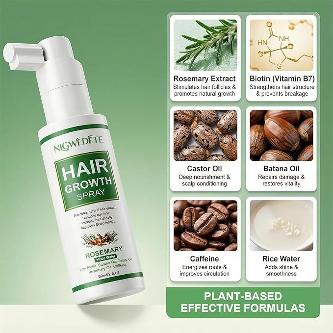 Rosemary and Rice Water Spray for Hair Growth with Biotin & Caffeine - Strengthening Scalp Treatment for Thinning Hair, Dryness & Itch Relief - Vegan & Non-Greasy Hair Spray, 2fl.oz/60ml