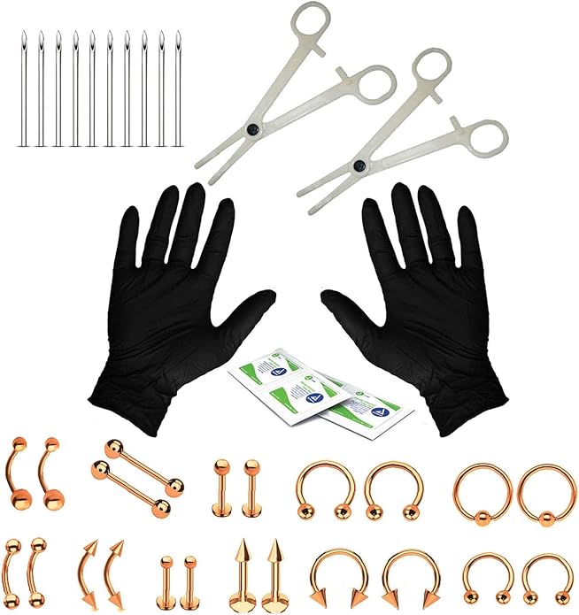 BodyJ4You 36PC PRO Body Piercing Kit - Nose Septum Ear Cartilage Lip Belly Navel Tragus Eyebrow - Surgical Steel 14G 16G BCR CBR Ring Barbell Spike - Tools Needles Gloves Clamps
