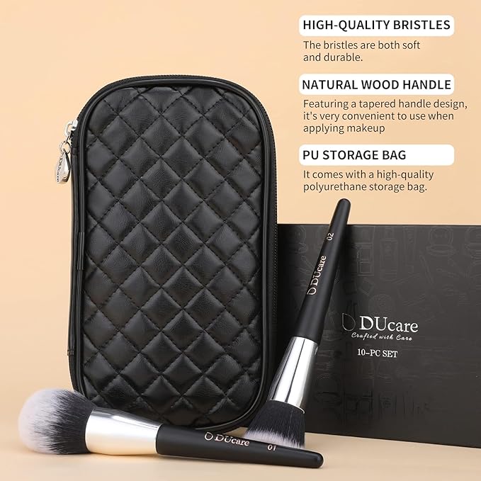 DUcare Travel Makeup Brushes with Case 10Pcs Makeup Brush set Premium Synthetic Kabuki Foundation Blending Brush Face Powder Blush Concealers Eye Shadows with bag