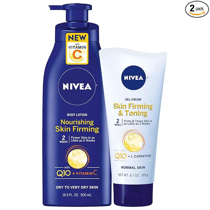 Nivea Nourishing Hydration Skin Firming Body Lotion (16.9 Fl Oz) + Skin Firming & Toning Body Gel Cream with Hyaluronic Acid (6.7 Oz), Enriched with Q10 and Vitamin C