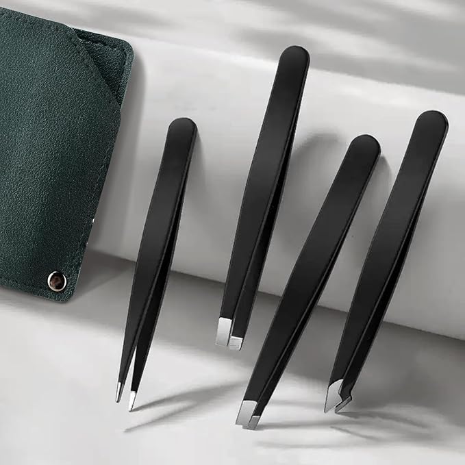 MSQ Tweezers Set with Travel Bag, 4Pcs Professional Stainless Steel Tweezers for Eyebrows，Great Precision for Women & Men Facial Hair, Ingrown Hair Removal