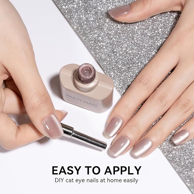 MAYCHAO 15ML Silk Nude Brown Cat Eye Gel Nail Polish 1Pc Glassy Brown Purple Cat Eye Gel Polish Soak off Holographic Magnetic Nail Polish for Nail Art Manicure Salon DIY at Home, 0.5 OZ