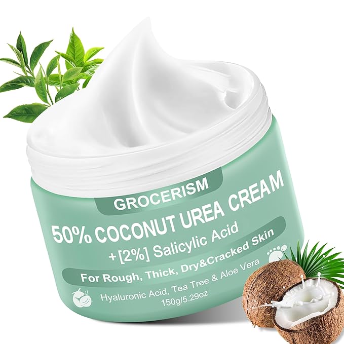 Urea Cream 50 Percent for Feet with Coconut 5.29 oz || Foot & Hand Cream Maximum Strength with 2% Salicylic Acid, Tea Tree and Aloe Vera for Deep Moisturizing and Callus Removing (Upgraded Formula)