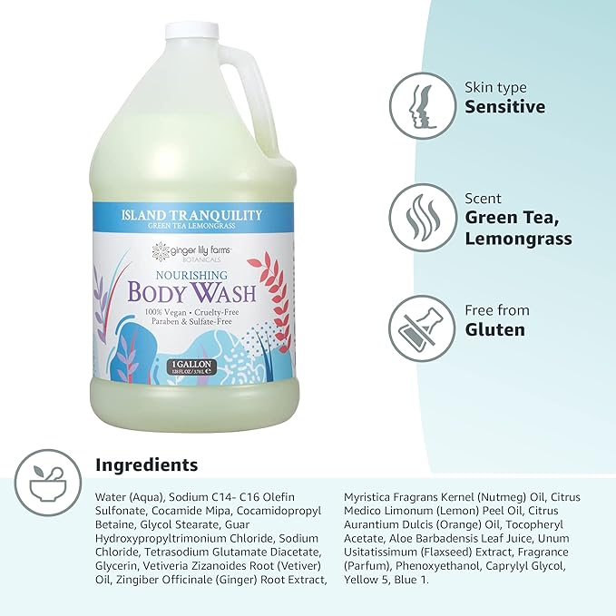 Ginger Lily Farms Botanicals Nourishing Body Wash, Island Tranquility, 100% Vegan & Cruelty-Free, Green Tea Lemongrass Scent, 1 Gallon Refill (128 fl. oz.) (Pack of 2)