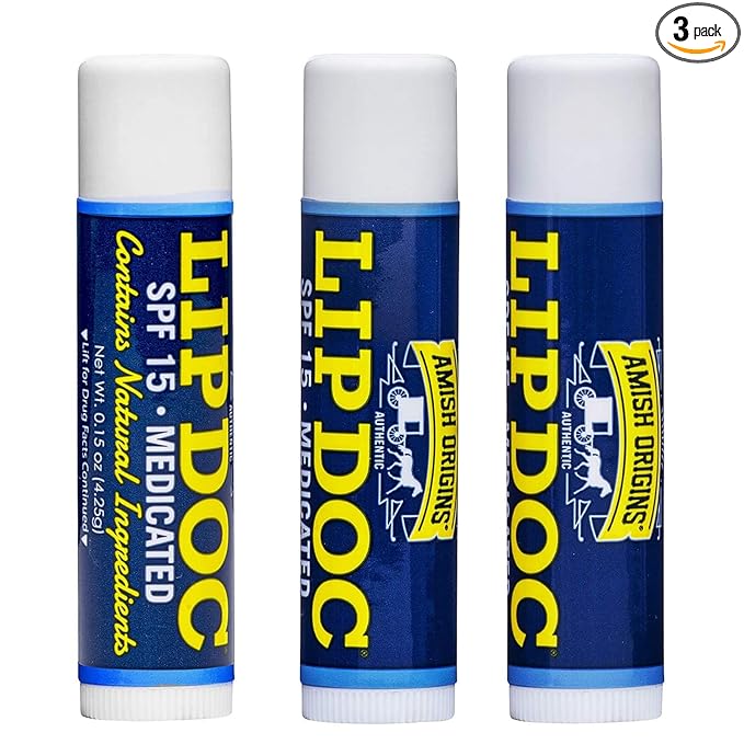 Amish Origins SPF 15 Medicated Lip Doc Balm - All Natural Ingredients, Deep Moisturizing Potent Formula for Chapped and Cracked Lips, All Refreshing Essential Oils, 3 Pack