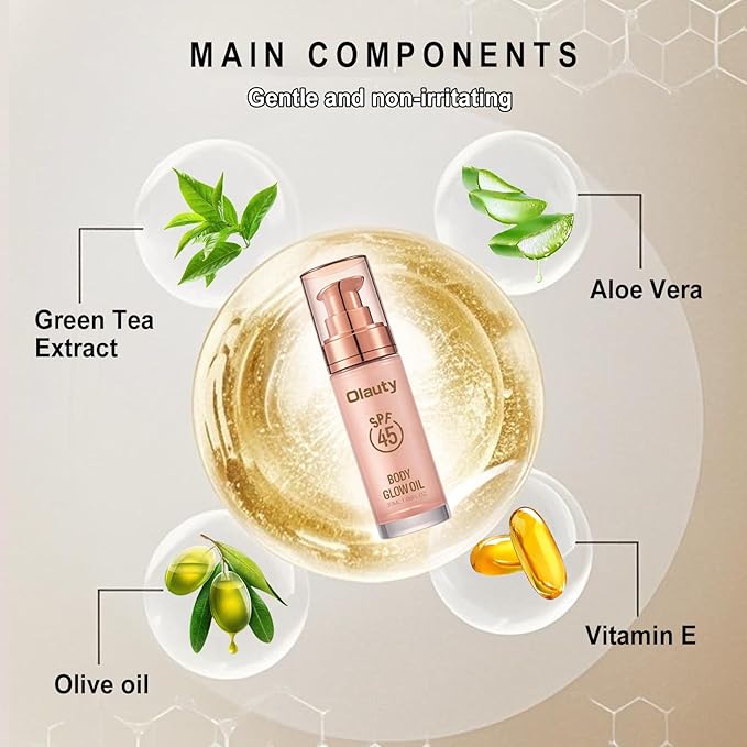 Shimmer Oil, SPF 45 Sunscreen Body Makeup Waterproof No Transfer Body Luminizer Lotion Glow for Women, Liquid Illuminator Bronzer for Body & Face, Long-lasting (Glistening Bronze)