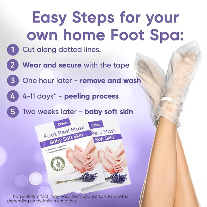 CÉLOR Foot Peeling Mask for Dry Cracked Feet | Foot Mask to Exfoliate Rough, Cracked, Dry Feet, Calluses for Soft Baby Feet Results | Made with Aloe Vera Extract for Women & Men (3 Pairs) | Lavender