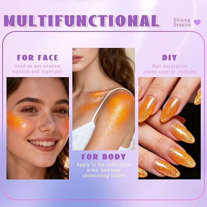 HOSAILY Roll-on Orange Body Glitter Gel for Face Hair, Holographic Chameleon Color Changing Face Paint Glitter Autumn Makeup, Chunky Mermaid Sequins Festival Party Rave Accessories Shimmer Makeup