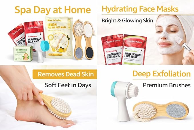 Self Care Spa Kit for Women – Foot Peel Mask, Facial Masks, Foot Cream, Exfoliating Brush Set