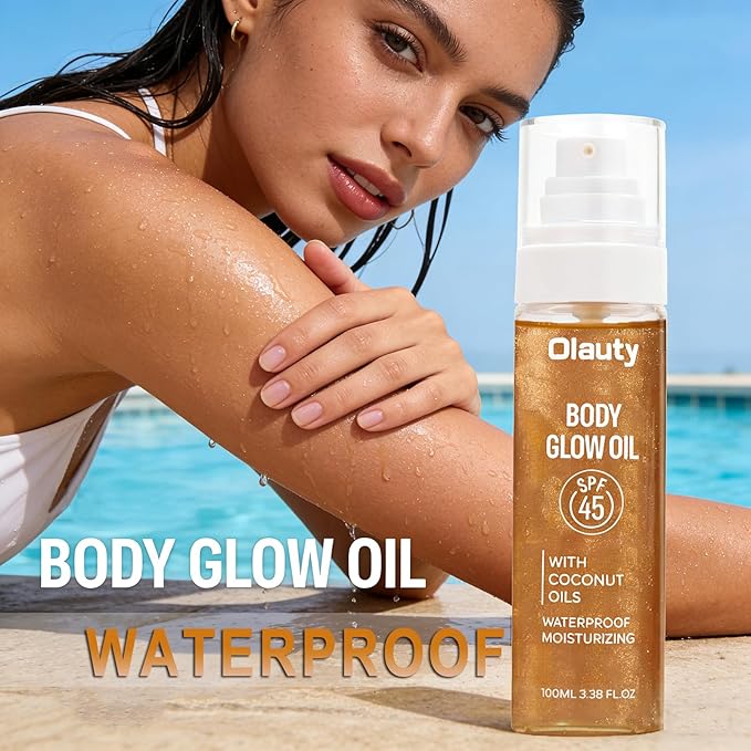 Xiuxixu Sunscreen Body Glow Oil,Broad Spectrum SPF 45,Glitter Shimmer Oil with Sequin Mica,Lightweight Non Sticky Sunscreen with Zinc Oxide Sun-kissed Skin Moisturizer,Beach Essentials (#03 Amber)