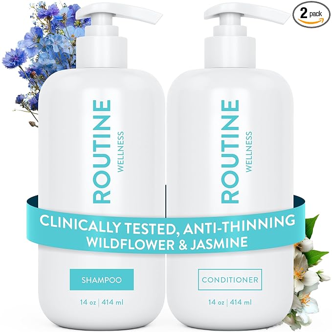 Routine Wellness Anti-Thinning Shampoo and Conditioner Set for Thinning Hair - Biotin DHT Blocker Women & Men - Color Safe Shampoo for Hair Loss & Healthier Hair - Wildflower & Jasmine (Pack of 2)