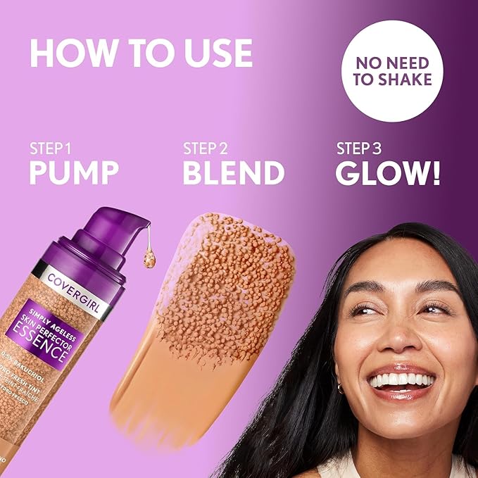 Covergirl Simply Ageless Skin Perfector Essence Foundation, 75 Rich-Deep, Tinted Skincare Makeup Hybrid, Sheer Tint, Radiant Finish, Glowy Finish, Vegan Formula, 1.0oz