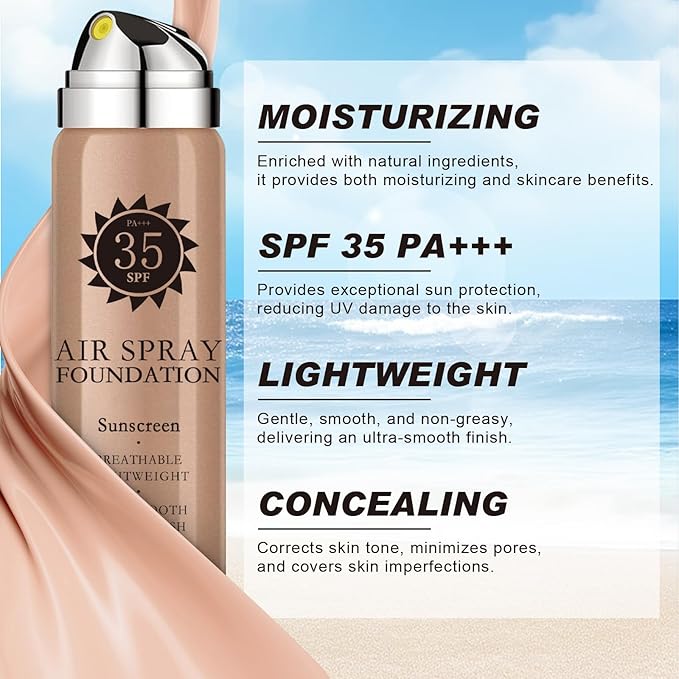 AirBrush Foundation Spray With Primer and Brush, Silky Mist Foundation Spray Makeup, Full Coverage Foundation for Smooth Radiant Finish, Formula Breathable Lightweight Hydrating (#1 Sunscreen Natural)