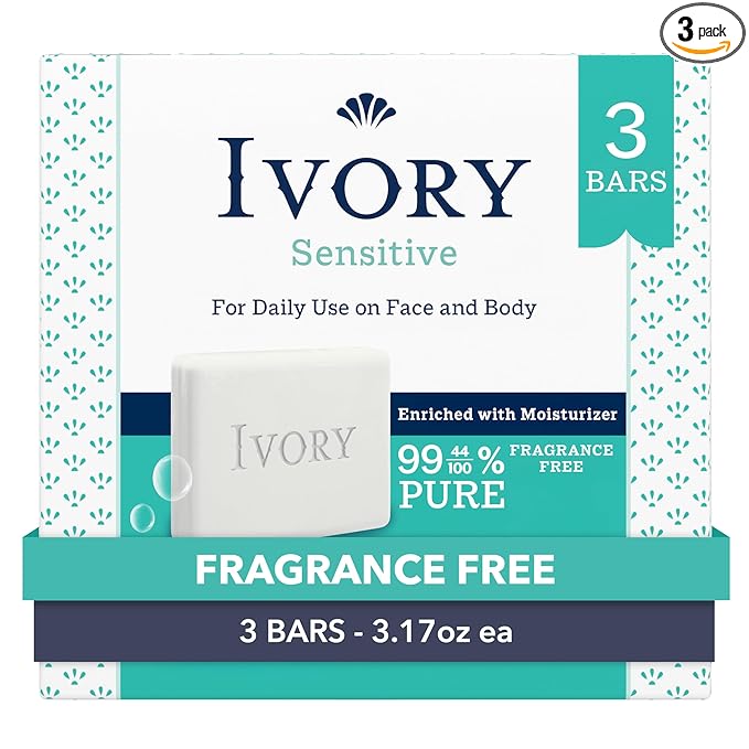 Ivory Sensitive Bar Soap, Designed for Whole Family, Fragrance Free, 99.44% Pure Formula, Plant-Based Cleanser, Made Without Heavy Perfume, Parabens & Phthalates, For All Skin Types, 3.17 oz (3 Count)